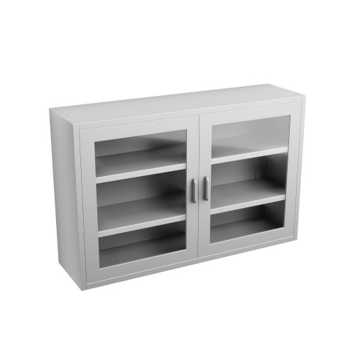 Stainless Steel Wall Mounted Cabinets, 48" W x 13" D x 31" H, Flat Top, Framed Glass Double Doors, Key Lock